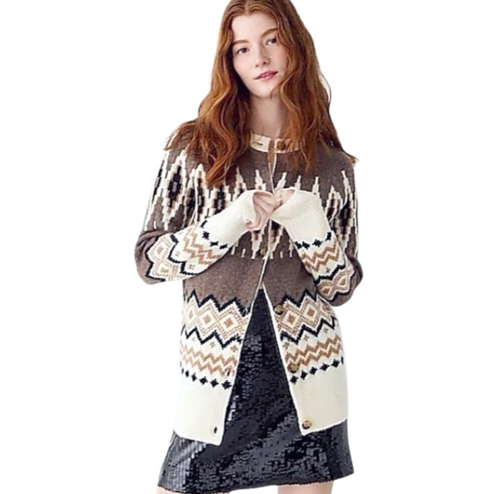 J Crew Merino Wool Alpaca Blend Fair Isle Eclectic Grandpa Cardigan Sweater Med